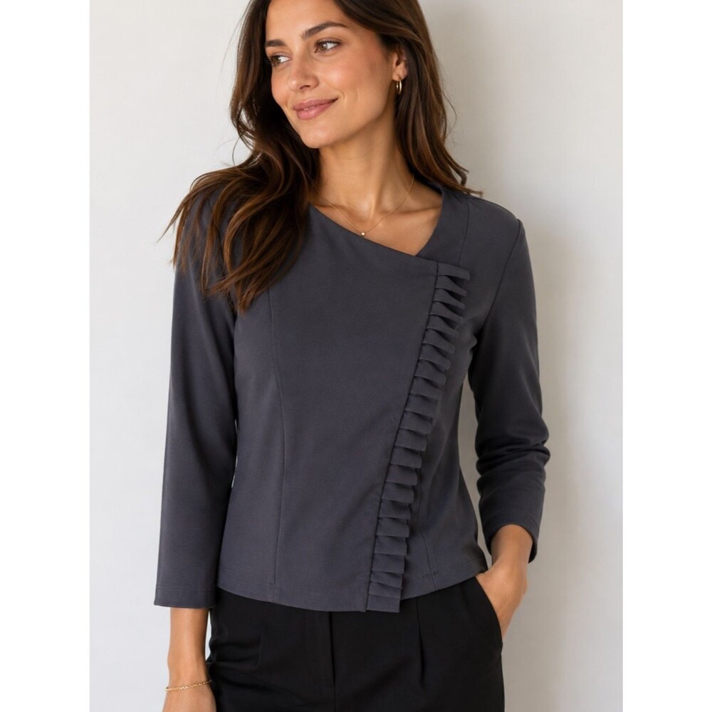 LOFT Ruffle Light Cotton Sweater Jacket front Zip Gray L Lagenlook Career Chic